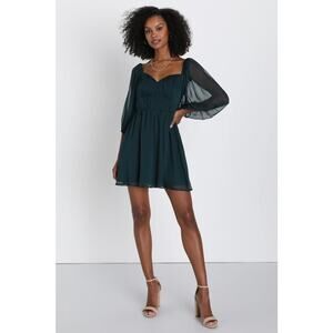 NWOT Lulus Vivacious Arrival Emerald Chiffon Balloon Sleeve Mini Dress Size M